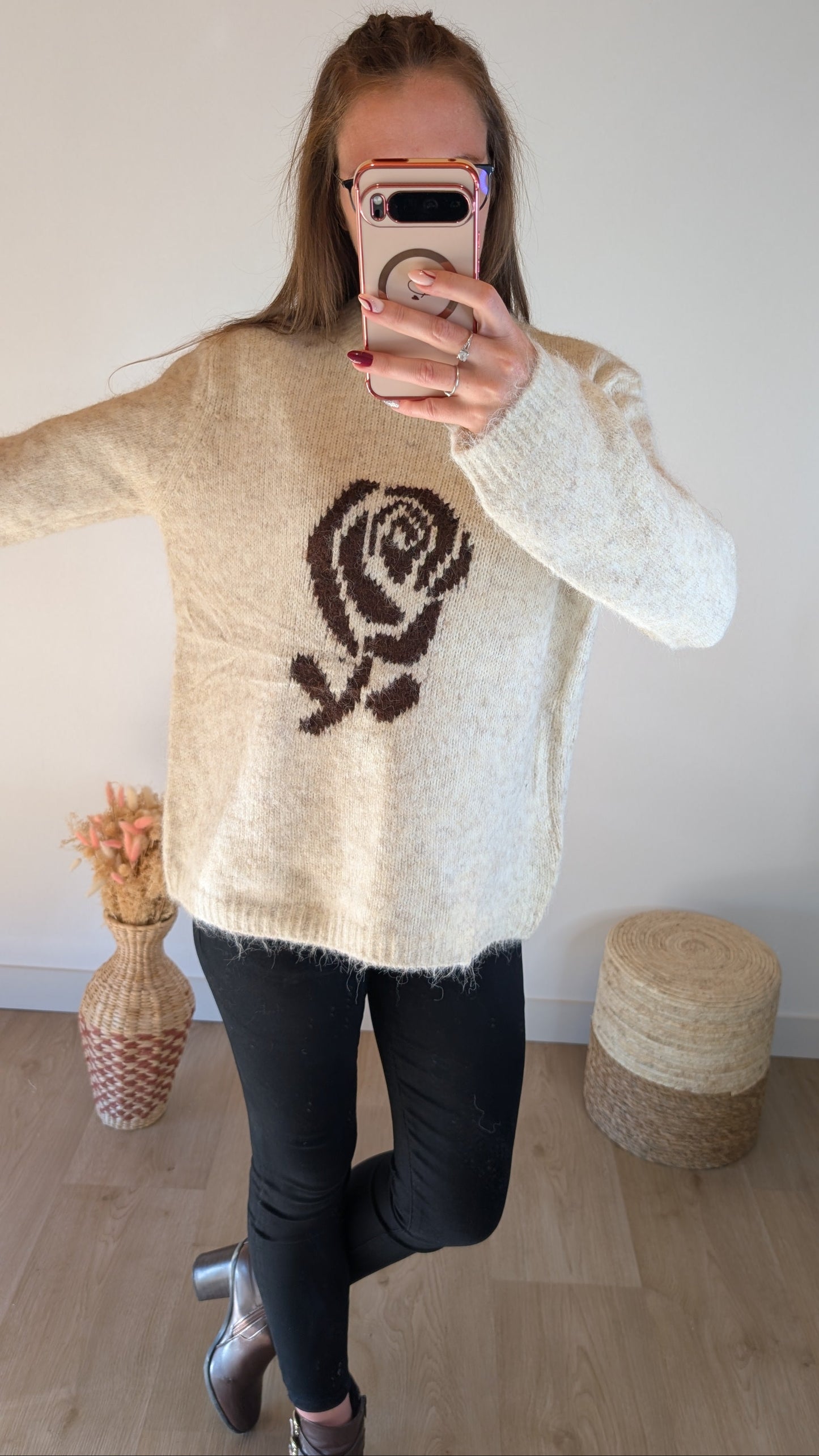 Pull Fleur Rose - Crème