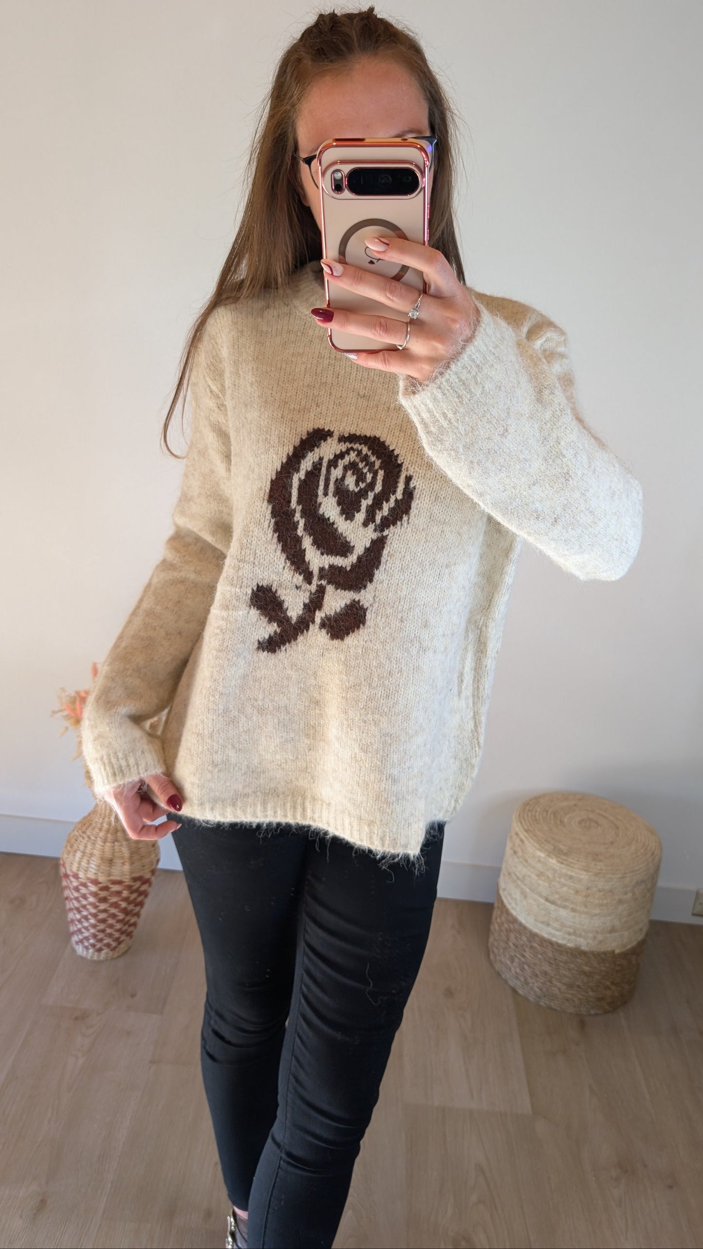 Pull Fleur Rose - Crème