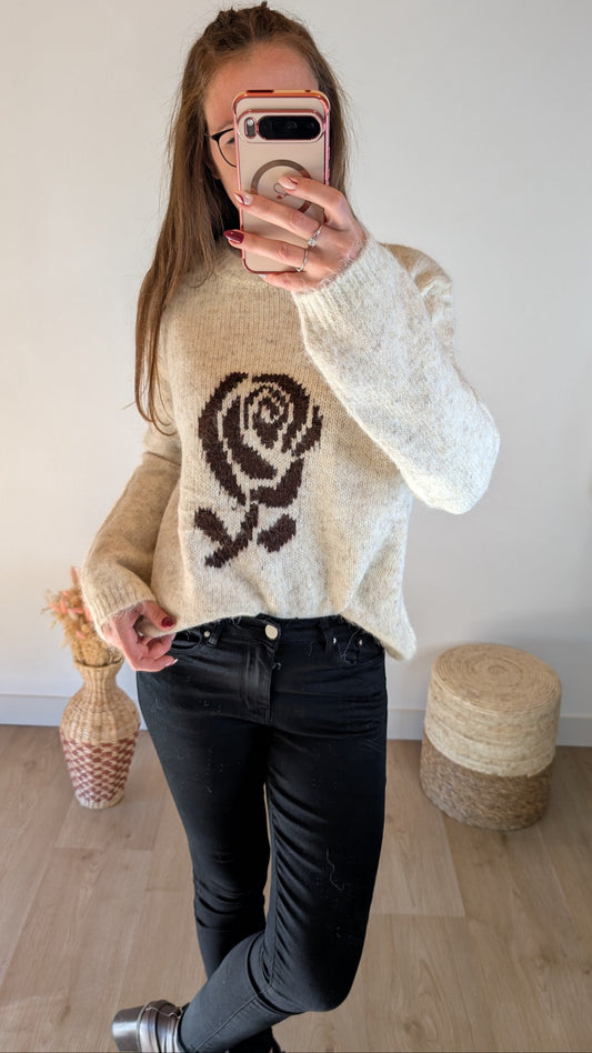 Pull Fleur Rose - Crème
