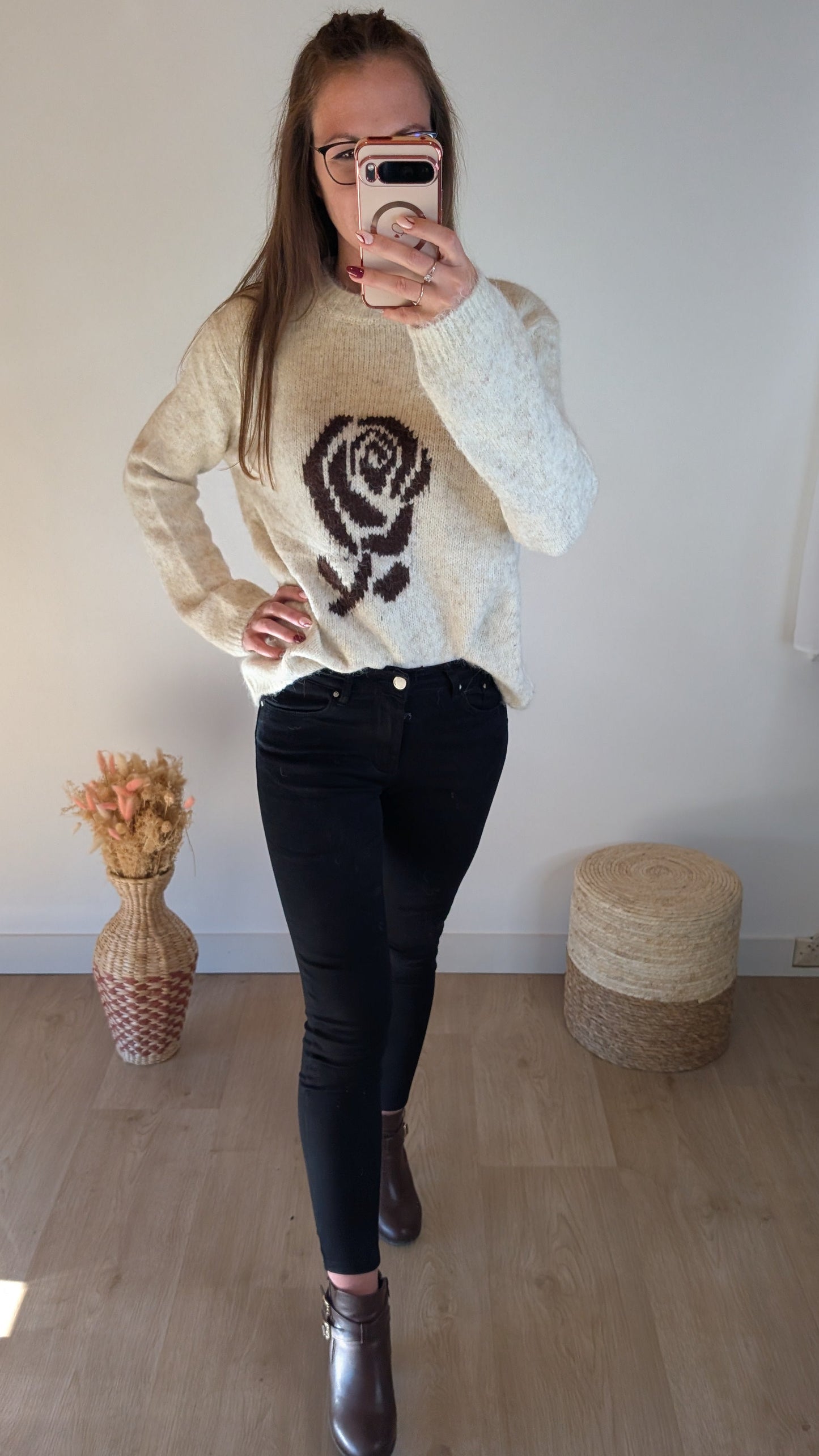 Pull Fleur Rose - Crème